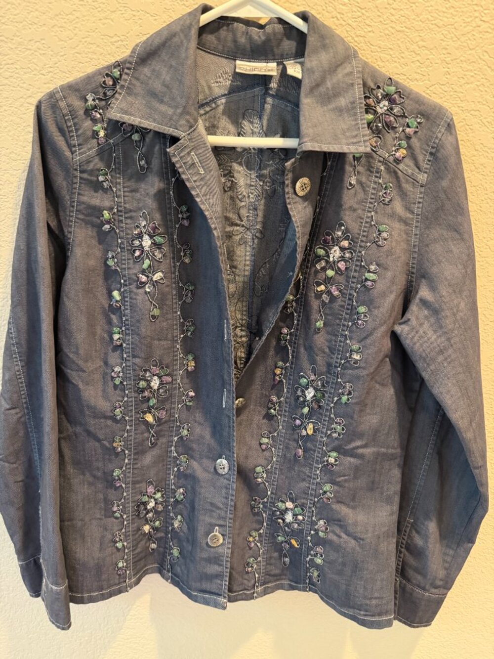 Chico's Gray Denim Embellished Jacket